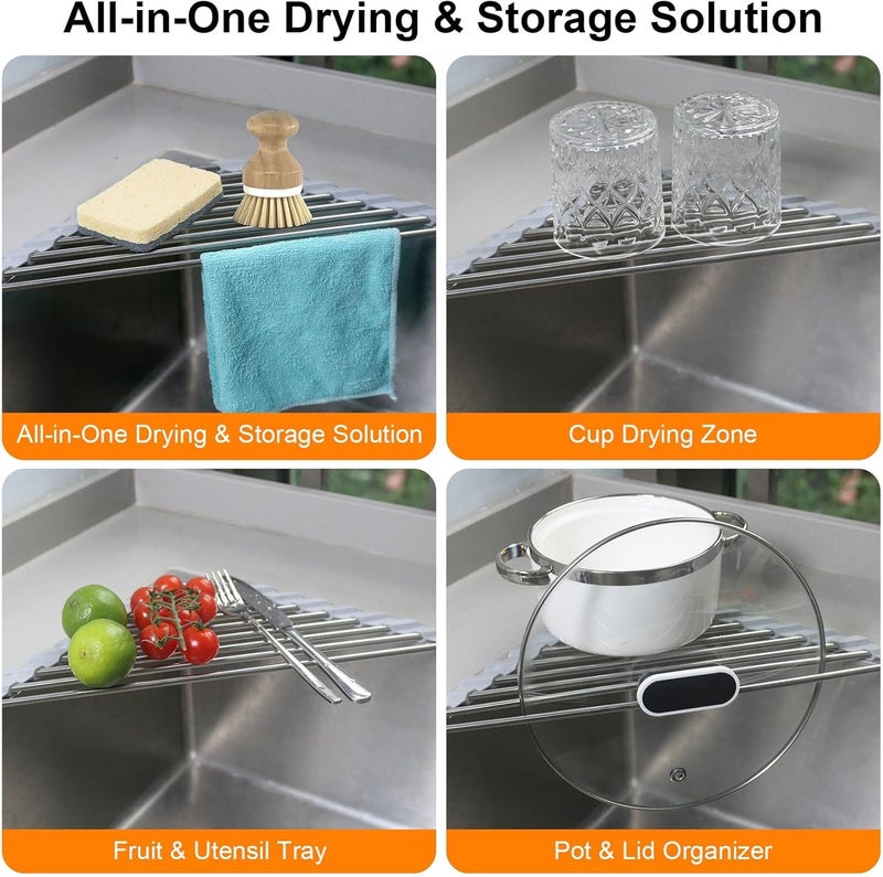 Seropy Corner Sink Caddy Triangle Dish Drying Rack for Sink Corner, Sponge Holder Roll Up Dish Drying Rack Over The Sink, Stainless Steel Kitchen Sink Organizer Drainer Mat Sponge Caddy for Counter Storage - Image 5